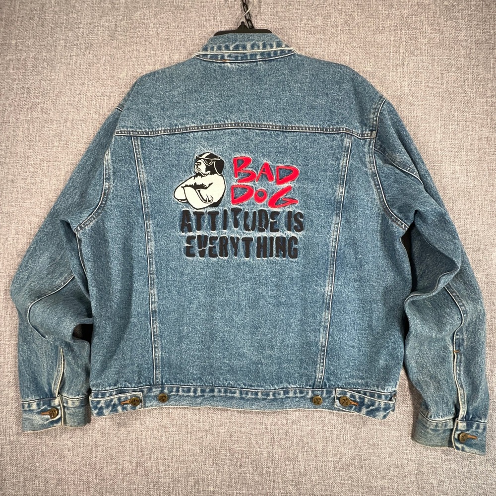 Vintage 90s Big Dogs Denim Jacket Men M Oversized Bad Dog Attitude is Everything